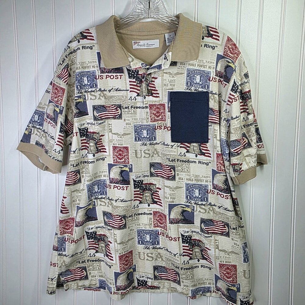 American Summer Polo Shirt Mens Medium Print Patriotic USA Flag Eagle US Post